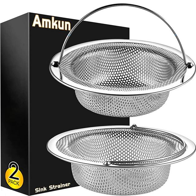 Amkun 2 pack Sink Strainer(with Handle),304 Germany Stainless Steel Kitchen Sink Strainer,4.5" Diameter,Perfect for Most Sink Drains,Heavy Duty,Anti Clogging,Rust Free and Dishwasher Safe