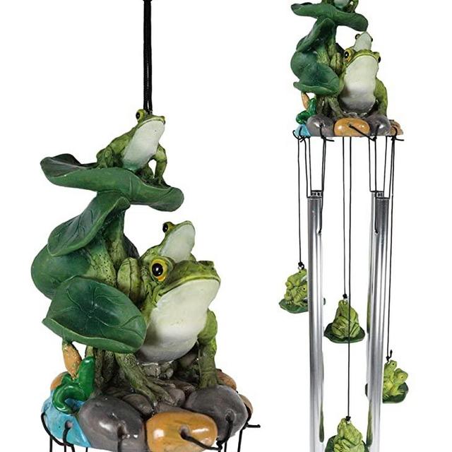Ebros Gift Whimsical Summer Adventures Green Frog Mother with Babies Family Crouching On Lily Pads by Pond Resonant Tube Wind Chime Sculpture Outdoors Garden Lawn Patio Home Pool Deck Accent Decor