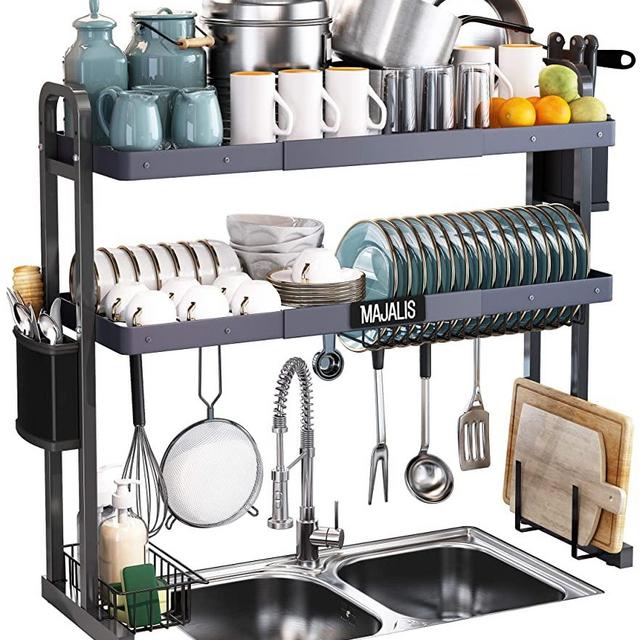 Over The Sink Dish Drying Rack, Majalis Stainless Steel 2 Tier Large Dish Drainer Above Sink Adjustable 27.5" - 33.5", Expandable Kitchen Counter Organizer Storage Space Saver Shelf with 6 Hooks