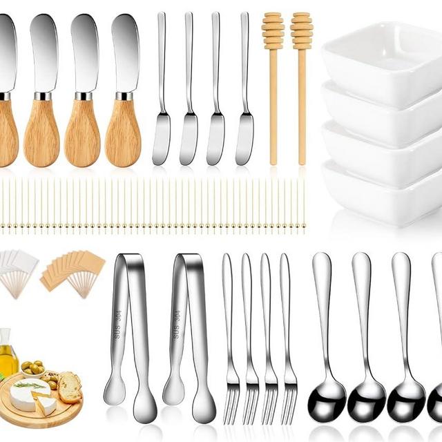 Charcuterie Board Accessories With 3 Oz Ceramic Dip Bowls, Wooden Handle Silver Cheese Spreader Butter Knive Set Kit, Mini Tongs, Spoons, Forks,Honey Dipper, Cocktail Picks