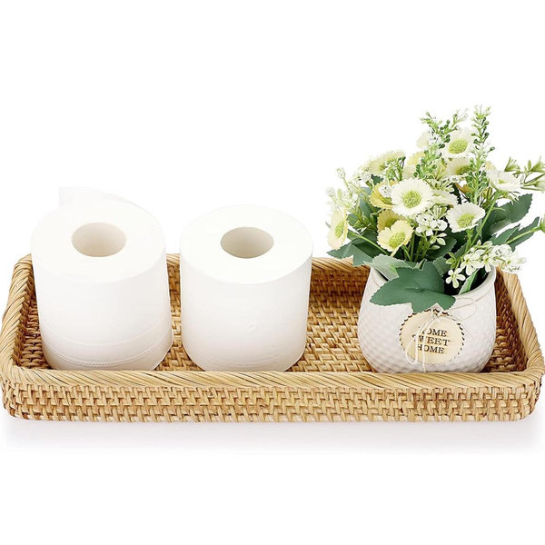 Sumnacon 16 Inch Rattan Bathroom Vanity Tray - Decorative Wicker Toilet Tank Tray for Paper Hand Towel, Vintage Storage Basket Bin for Bathroom Kitchen Toilet Tank Vanity Countertop Table Shelf