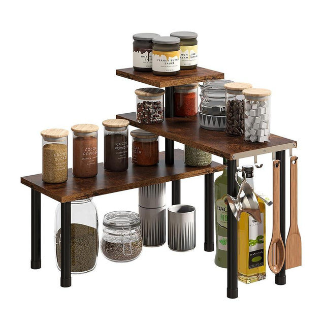 BMOSU Kitchen Corner Shelf Countertop Organizer with Hooks Adjustable Spice Rack Corner Display Rack Shelf Corner Rack 3 Tier Storage Organization for Kitchen Bathroom Counter Shelves(Rustic Brown)