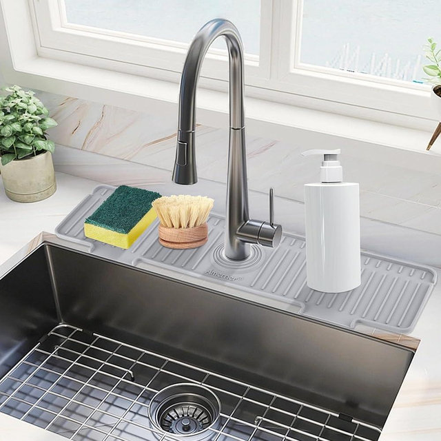 Amerner 20 inch Kitchen Sink Splash Guard, 10° Large Slope & Adaptable Hole Faucet Mat for Kitchen Sink, Silicone Sink Organizer Sponge Holder for Kitchen, Bathroom, RV, Bar, 20” x 5.5”, Gray