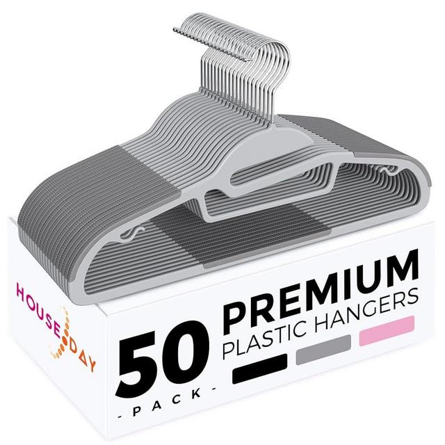 HOUSE DAY Grey Plastic Hangers 50 Pack, Slim Clothes Hangers Space Saving, Non Slip Hangers with Rubber Pads, Sturdy Coat Hangers for Closet, S-Shaped Hangers for Shirt, Suit, Pant, Skirt