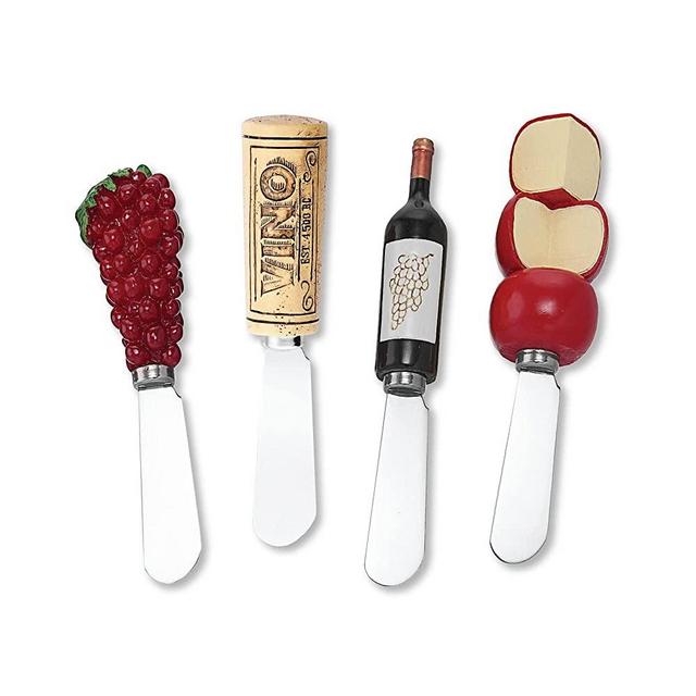 Wine Things 4-Piece Hand Painted Resin Handle with Stainless Steel Blade Cheese Spreader/Butter Spreader Knife, Assorted (Vino)