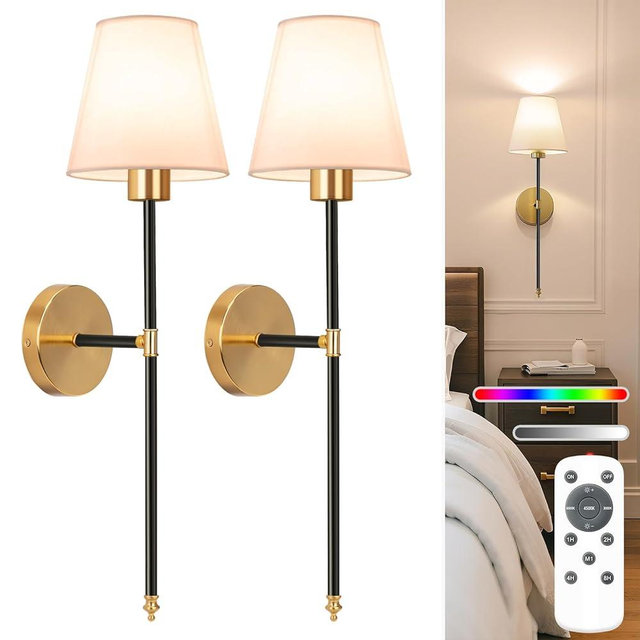 NIORSUN Battery Operated Wall Sconce Set of 2,Black-Gold Rechargeable Wall Lights with 5200mAh Dimmable Bulbs and Remote,10 Colors Wireless Wall Lamps for Bedroom Living Room Hallway Decor