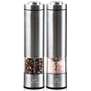 Electric Salt and Pepper Grinder Set - Battery Operated Stainless Steel Mill with Light (2 Mills) - Automatic One Handed Operation - Electronic Adjustable Shakers - Ceramic Grinders