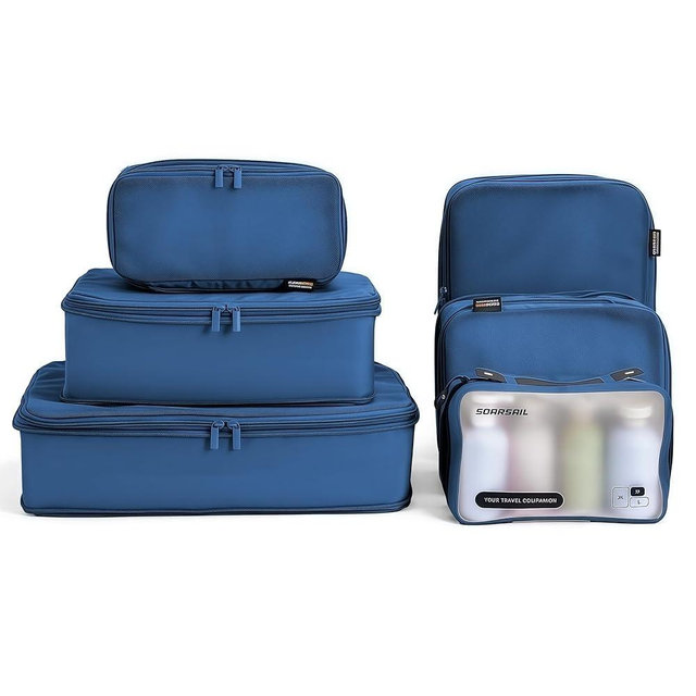 6 Set Compression Packing Cubes for 7–14 Day Travel, Durable Nylon Oxford Luggage Organizers with IP6X Waterproof Toiletry Bag, Expandable Suitcase Packing System (Dark Blue)