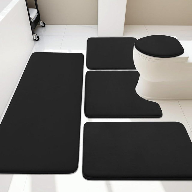 YIHOUSE Bathroom Rug Set 5 Piece, Memory Foam Bath Mat Set, Super Absorbent Bath Mats for Bathroom - Non-Slip & Washable Bathroom Rugs - Dry Quickly Bath Rugs, Black Bathroom Rug Set