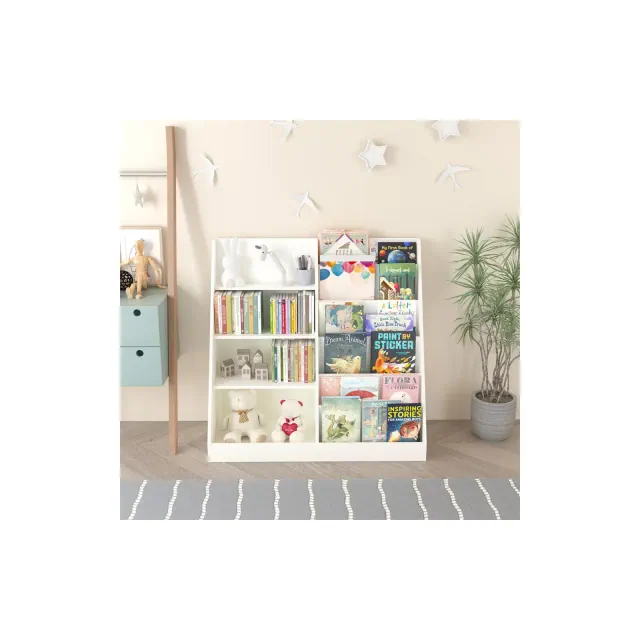 4 Tier Kids Wooden Bookshelf, 6 Layer Sling Bookcase, Baby Storage Book Rack, Book Display Shelf, Book Toy Organizer Cabinet For Nursery Playroom