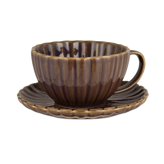 Creative Co-Op 10-Ounce Stoneware Ribbed Mug with Saucer in Reactive Glaze, Plum Color