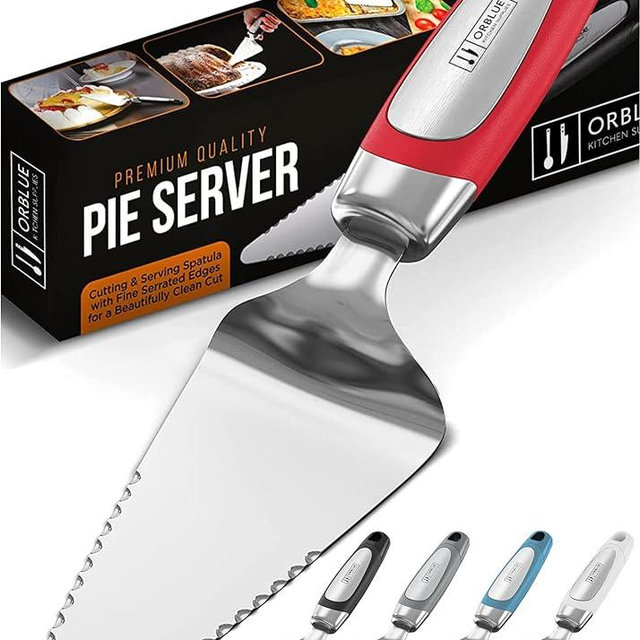 Orblue Pie Server, Essential Kitchen Tool, Serrated on Both Sides, Great for Right or Left Handed Chef, Stainless Steel Flatware, Cake Cutter, Red