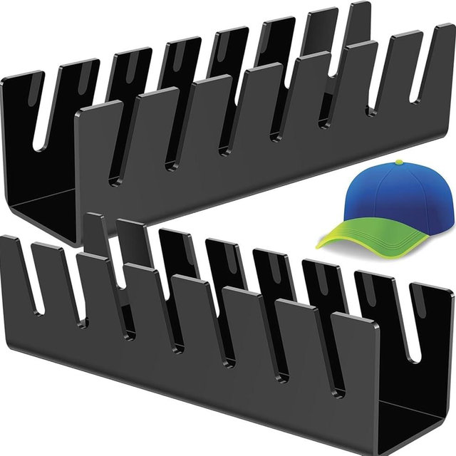 QKEWURO 2024 New Hat Stand for Baseball Caps Display and Organizer, No Install Acrylic Hat Holder for 14 Baseball Caps for Bedroom, Closet, Dresser (2 pcs Black)