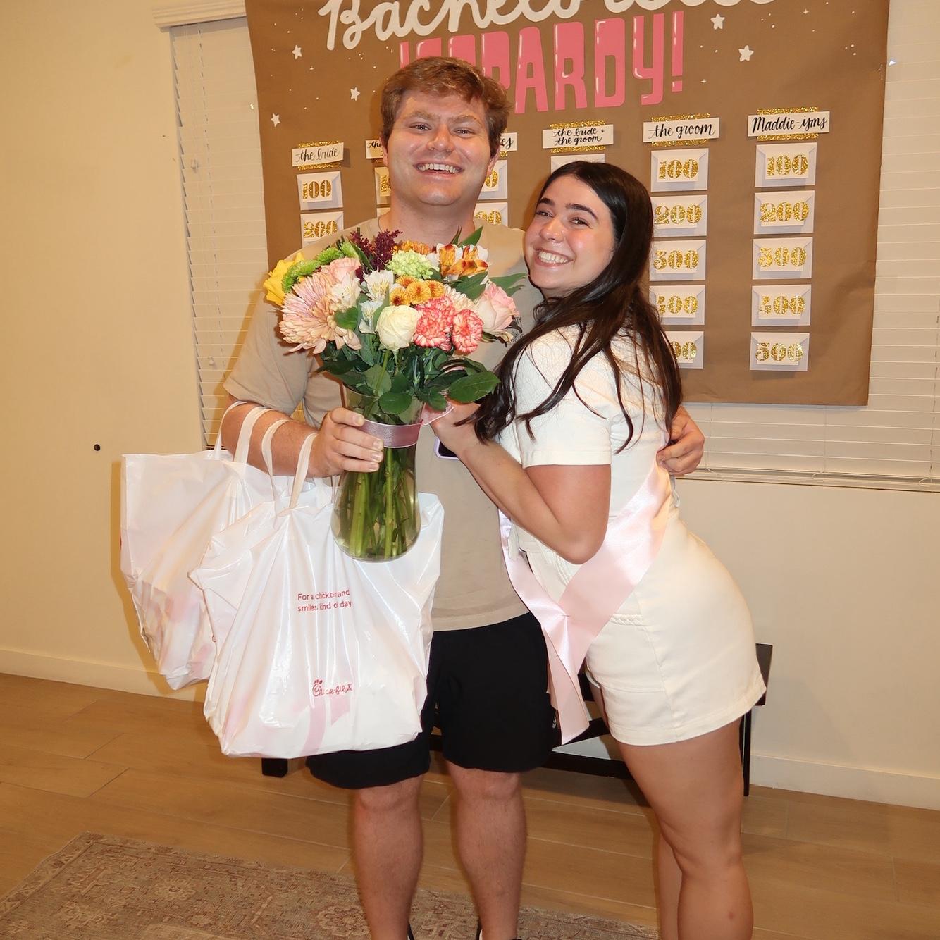 Ethan brought all of the girls Chick-fil-a, champagne, a sweet card, and flowers for the bride on Maddie’s bachelorette weekend!
