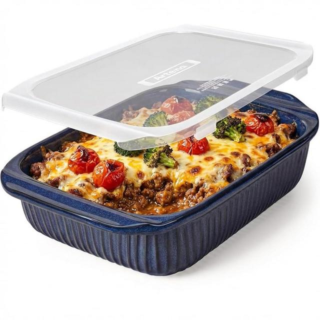 Artena Baking Dish 5.1 Quarts, Casserole Dishes For Oven, Baking Pan With Handles, Lasagna Pan Deep, Large Casserole Dish, Rectangular White Ceramic Bakeware (Blue - Baking Dish With Lids)