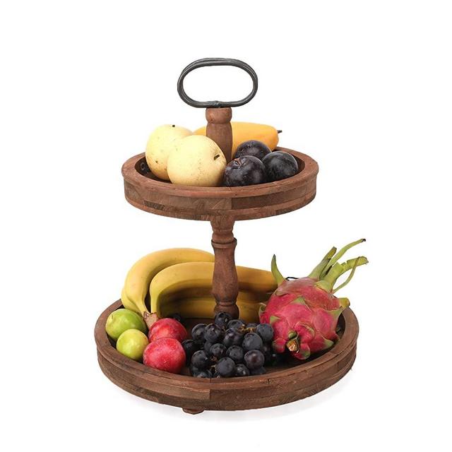 Vintex Two Tiered Wooden Serving Tray, Adjustable Height 2 Tiered Tray Stand for Cake, Cupcake, Cookie, Fruits-Dark Brown