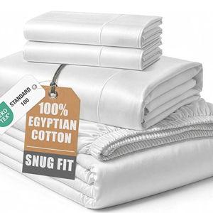 100% Egyptian Cotton Sheets Queen Size - Naturally Cooling & Breathable 4 Piece Silky Sateen Weave Queen Sheet Set, Ultra-Soft & Durable Hotel Luxury Sheets with 15" Snug Fit Deep Pockets - White