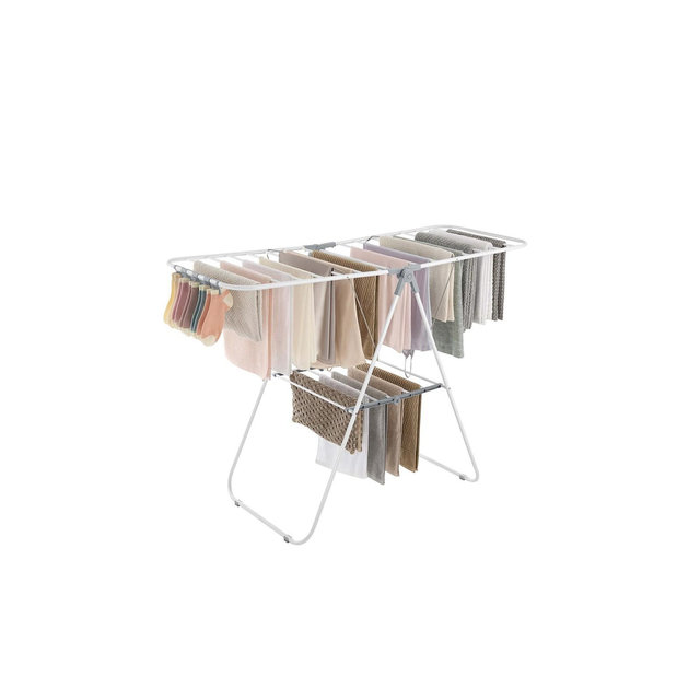 SONGMICS Foldable Clothes Drying Rack with Sock Clips Laundry Drying Rack with Height-Adjustable Gullwings