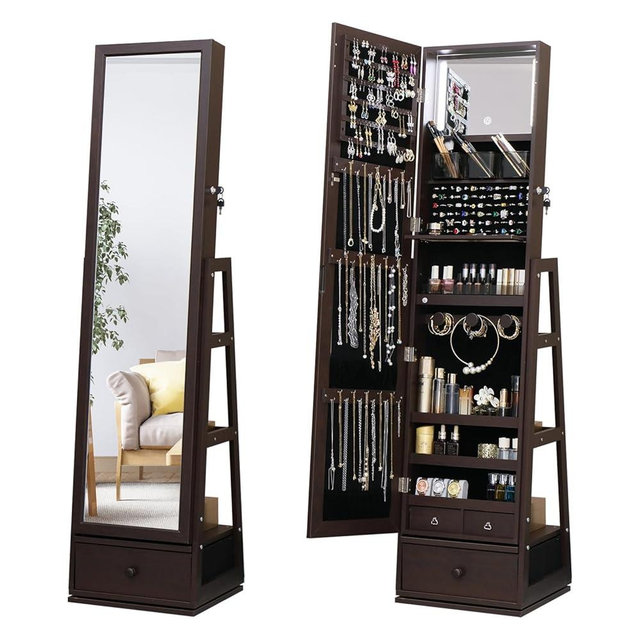 MASMIRE Swivel Full Length Mirror Jewelry Cabinet Standing With Built-In Mirror - 63.7”H Lockable Storage Jewelry Armoire With Mirror Drawers 3 Storage Racks Christmas Gift for Women Brown