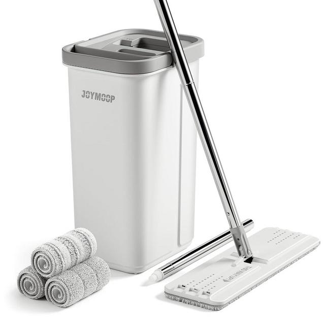 JOYMOOP Mop and Bucket with Wringer Set, White Flat Squeeze Mop Bucket Set for Floor Cleaning, Wall Cleaner with Long Handle, Hardwood Floor Mop, Flat Head Mops -3 Microfiber Cloths