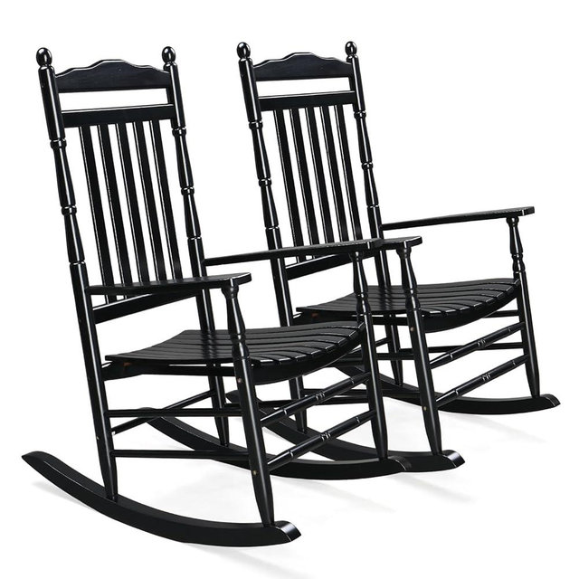 VINGLI 2 PCS Wood Rocking Chair Outdoor with 450 lbs Support, Patio Rocking Chair Set of 2, Solid Wood High Back Seat Reclining Seat for Deck, Garden, Backyard, Porch, Indoor or Outdoor Use, Black