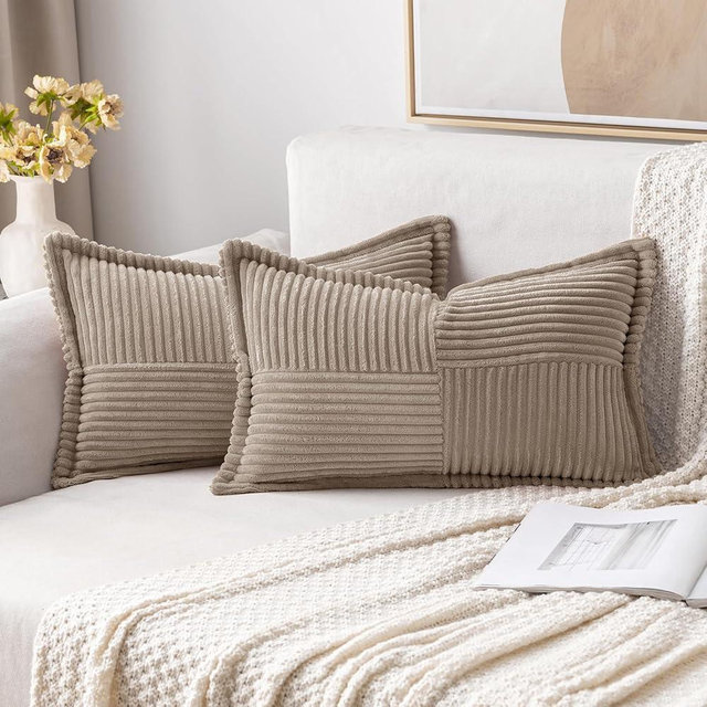 MIULEE Corduroy Pillow Covers with Splicing Set of 2 Super Soft Boho Striped Pillow Covers Broadside Decorative Textured Throw Pillows for Spring Couch Cushion Livingroom 12x20 inch, Light Brown