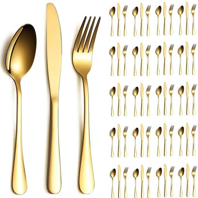 ReaNea Gold Silverware Set 60 Pieces Service for 20, Stainless Steel Titanium Gold Flatware Set include Knives Spoon Forks Set, Silverware Set, Serving Utensil Set