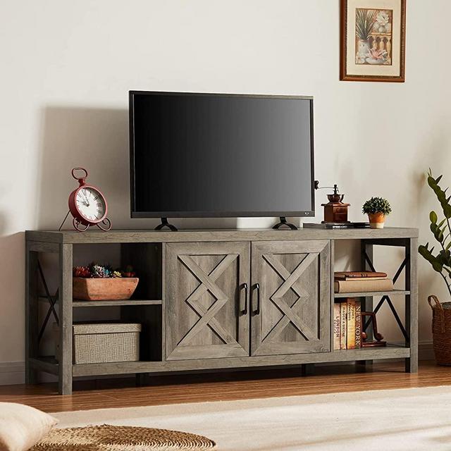 Okvnbjk 65 inch Farmhouse TV Stand Metal X Wood tv Console for 70 Inches TV, Entertainment Center TV Cabinet for Living Room with Soft Closing Door Hinges, Grey Wash