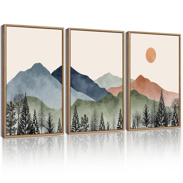 KUVIOKE Vintage Mountain Framed Wall Art Watercolor Nature Boho Sun Rise Paints Farmhouse Rustic Room Decor Ready to Hang 12x16in (Natural Framed)
