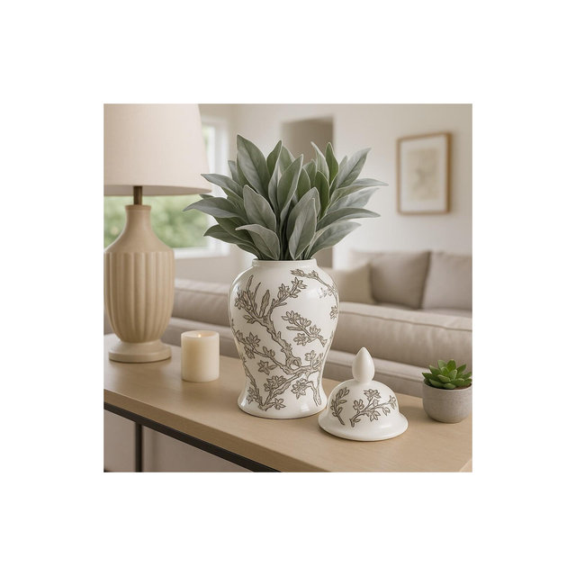 Decorative Cherry Blossom Temple Jar with Lid for Home Decor - Stylish Ceramic Jar for Bedroom and Living Room Decor - 14", White & Brown