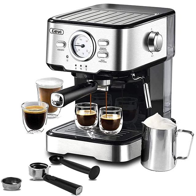 Gevi Espresso Machine 15 Bar Pump Pressure, Expresso Coffee Machine With Milk Frother Steam Wand, Espresso and Cappuccino Maker, 1.5L Water Tank, For Home Barista, 1100W, Black