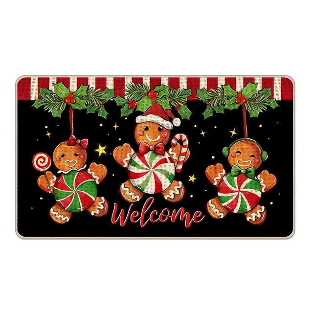 Tailus Christmas Welcome Gingerbread Man Decorative Front Door Mat, Xmas Peppermint Candy Berry Doormat Indoor Outdoor Black Non-Slip Floor Entryway Rug, Holiday Home Kitchen Decoration 17x29 Inch