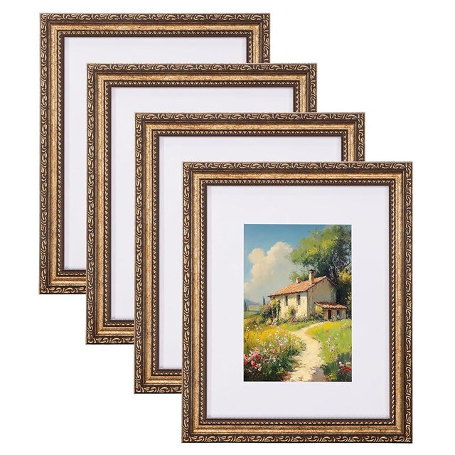 eletecpro 8x10 Picture Frames Set of 4, Vintage 8 x 10 Photo Frames with Glass, Display 5x7 Photo with Mat or 8x10 without Mat for Tabletop or Wall Decor, Bronze Gold