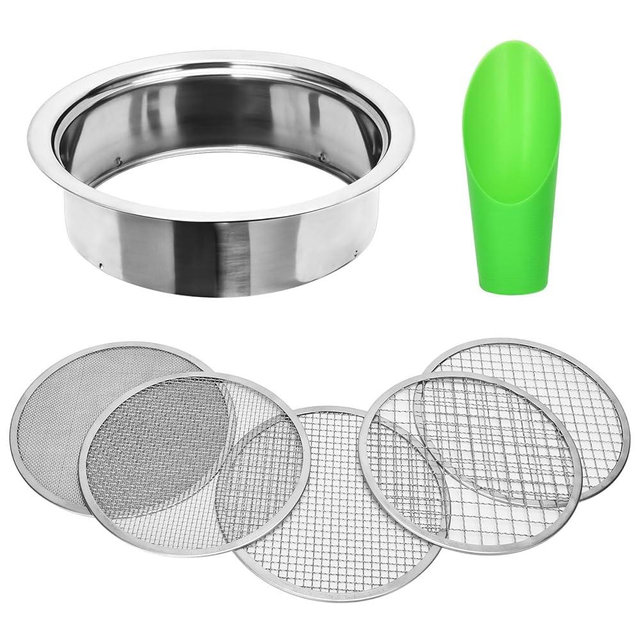 Soil Sieve Set Garden Soil Sifter Stainless Steel Mesh Sifter,Compost Sifter with 1,3,6,9,12mm Sieve Mesh and Bonsai Soil Scoop
