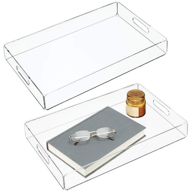 mDesign Modern Acrylic Rectangular Serving Tray with Built-In Handles for Food, Tea, Coffee, Breakfast, Snacks, Cheese, Appetizers - Use in Kitchen, Bathroom, Office - Small, 2 Pack - Clear