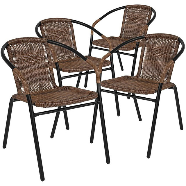 EMMA + OLIVER Patio Wicker Rattan Chair, Set of 4 Round Back Patio Dining Chairs. Stylish Look and Commercial Grade Construction Outdoor Deck Chair with 352 lb Weight Capacity, Medium Brown.