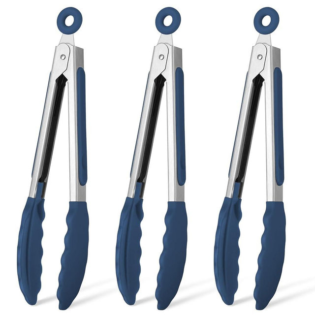 Hotec Mini Silicone Kitchen Tongs for Cooking - 7-Inch Small Serving Tongs with Silicone Tips, Set of 3 (Classic Blue)