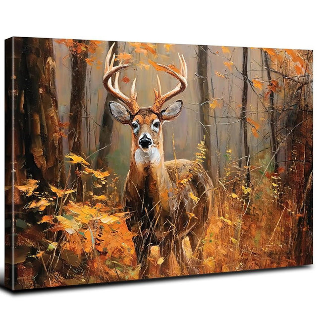 Deer Wall Art Fall Forest Wall Decor Rustic Animal Pictures Nature Woodland Wildlife Canvas Prints Western Country Painting Poster Vintage Farmhouse Elk Canvas Artwork for Cabin Home Decorations 24x36"