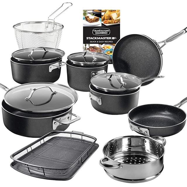 GRANITESTONE Stackmaster 15 Piece Induction-compatible, Nonstick Cookware Set, Scratch-Resistant, Granite-coated Anodized Aluminum, Dishwasher-Safe, PFOA-Free As Seen On TV