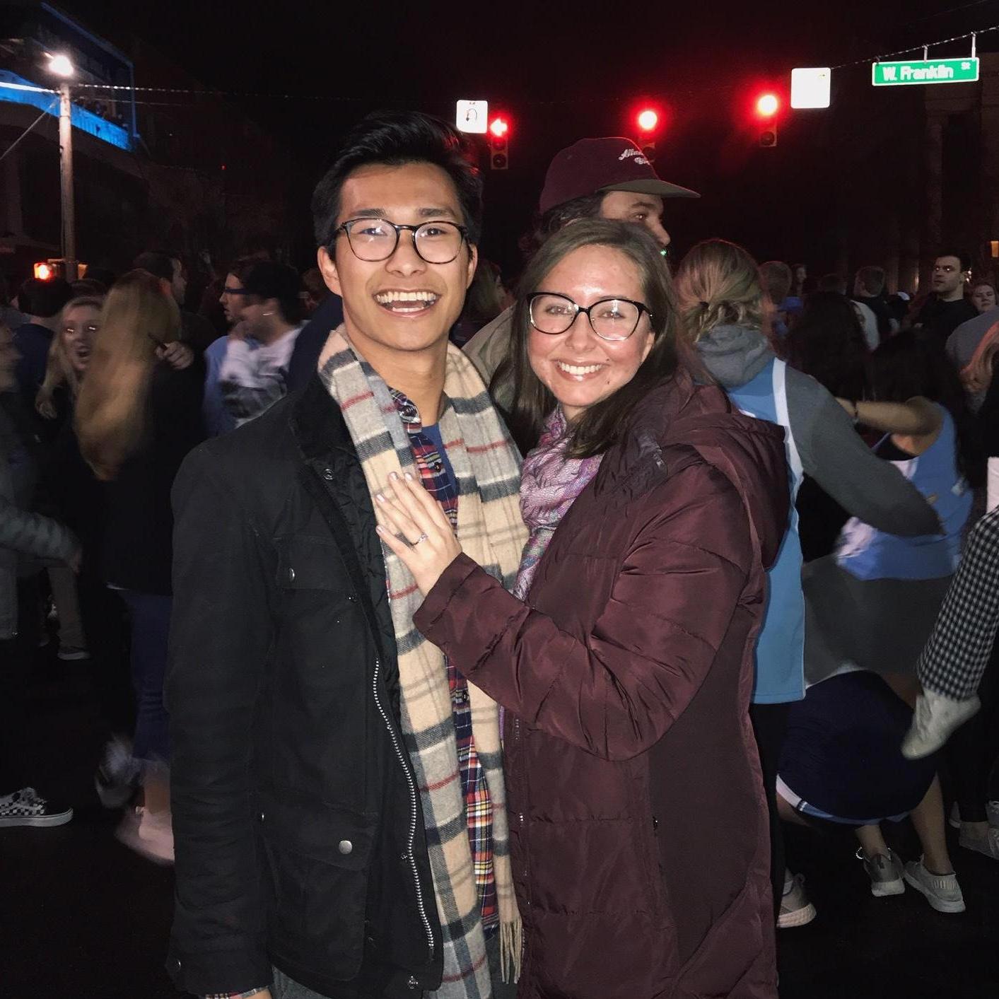I proposed to her in Asheville and on our way home to Chapel Hill, we listened to UNC beat Duke basketball on the radio and rushed Franklin Street! (A UNC-Chapel Hill tradition)