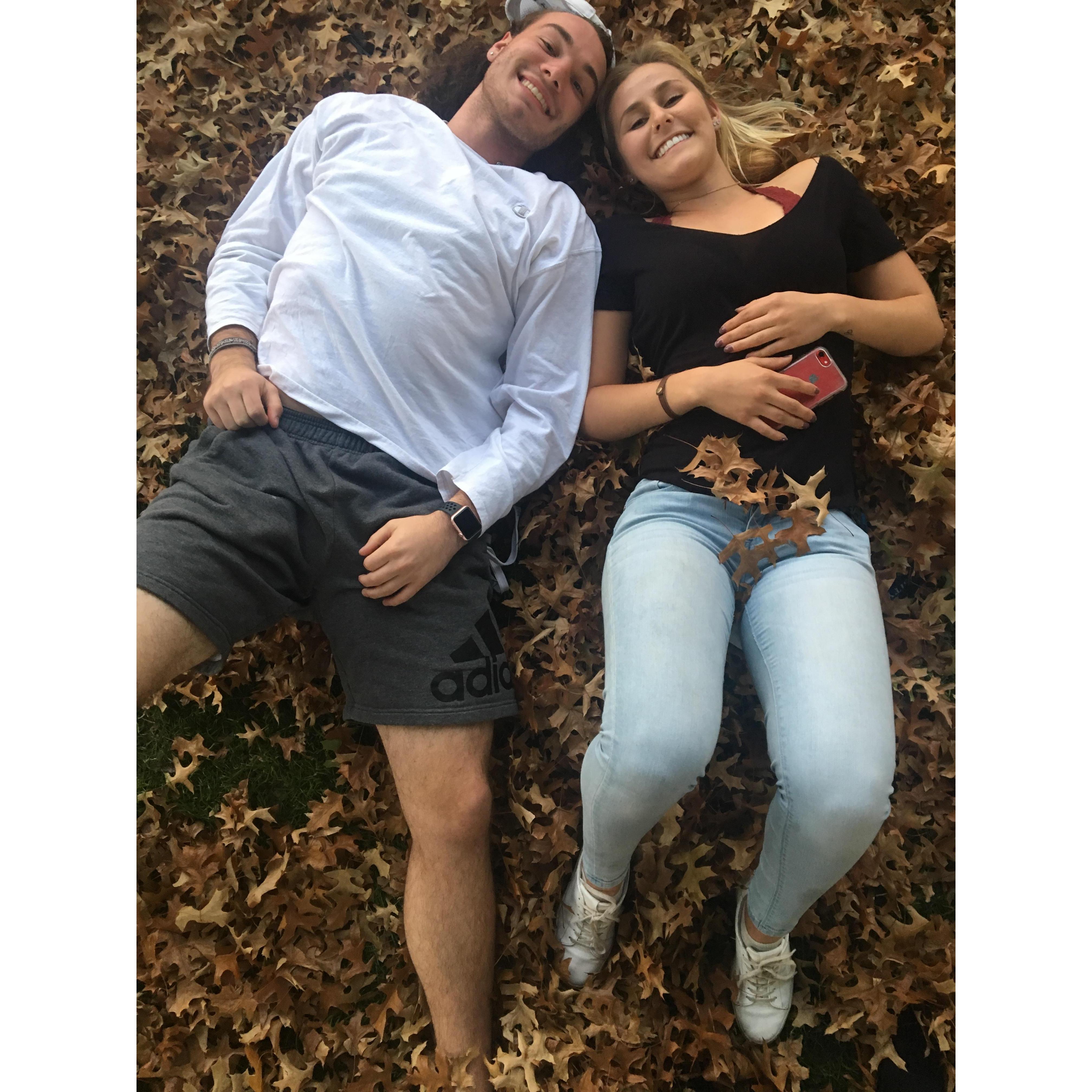after family weekend and meeting everyone for the first time and dropping the Bixlers off at the airport we went to a park in Portland and a random lady offered to take our picture in the leaves