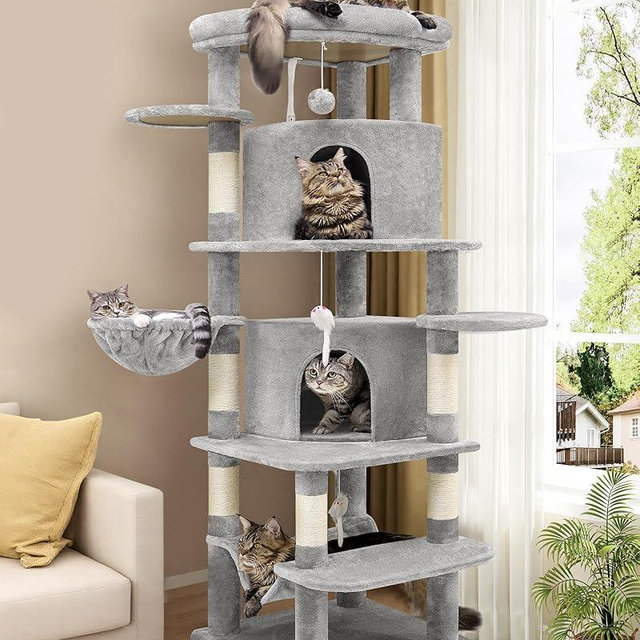 Globlazer C66 Corner Cat Tree for Large Cats, 66inch Tall Curved Series Large Cat Tower for Multiple Indoor Cats with 6 Scratching Posts, 2 Spacious Cat Condos, Hammock, Hanging Basket, Light Grey