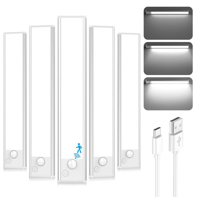 Under Cabinet Lights, LED Rechargeable Battery Operated Motion Sensor Lights Indoor, 6500K Magnetic Dimmable Closet Lights, 1500mAh Wireless Under Counter Night Lights for Kitchen, Home, 5 Packs