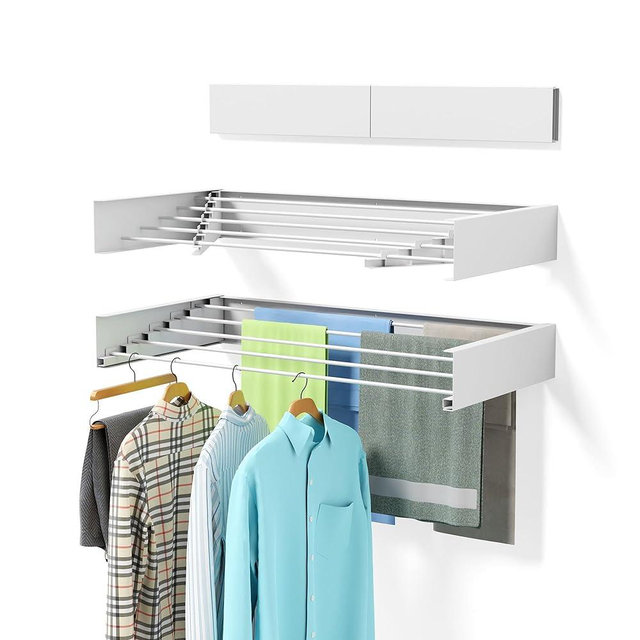 Laundry Drying Rack Collapsible, Wall Mounted, Clothes Drying Rack, 40" Wide, 16.5 Linear Ft, 5 Aluminum Rods, 60 lb Capacity, Laundry Racks for Drying Clothes with Wall Template(White 40" Large)