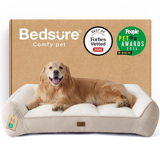 Bedsure SupportMax™ XL Plus Orthopedic Dog Beds Large Sized Dog - As Seen on TV Extra Thick Supportive Dogs Couch with Waterproof Washable Cover, Jumbo Comfort Pet Sofa with Soft Sherpa, Beige, 48"