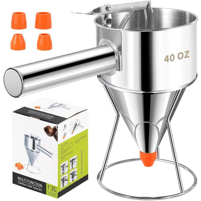 Babcarriery Pancake Batter Dispenser 40 OZ - Funnel Cake Dispenser With Stand, Stainless Steel, Leak-Proof Nozzle & Squeeze Handle, Precise Control, for Pancakes, Waffles, Cupcakes & Baked Goods