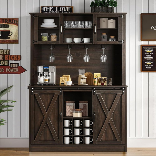 4ever2buy 72" Farmhouse Coffee Bar Cabinet with 2 Glass Doors & 9 Wine Racks, Tall Hutch Cabinet with Storage, Wine Bar Cabinet with 4 Row Metal Glass Holder, Dark Oak