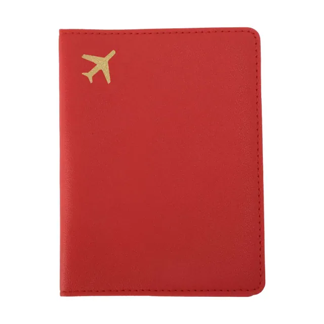 Unique Bargains Gold-stamped Airplane Pattern Passport Holder Red 1 Pc
