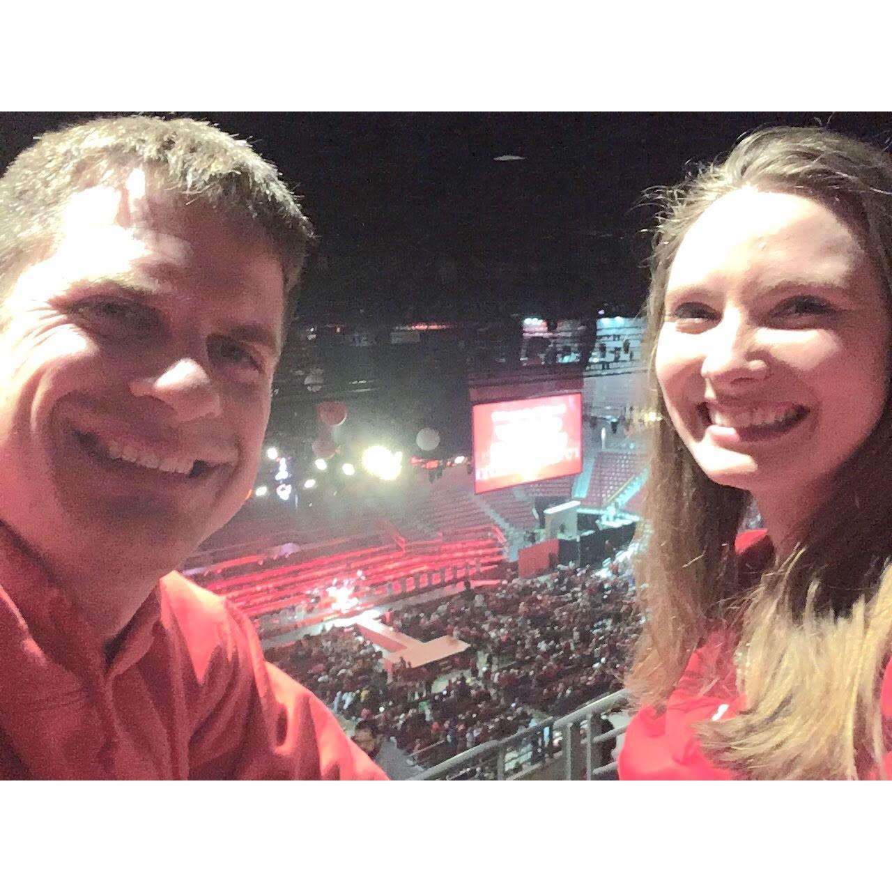 Matt will be 33 and Katie is 26. Because of the age difference we figured out that Katie watched Matt play in the Badger Band when she was in high school. Pictured here: Matt's director's last concert