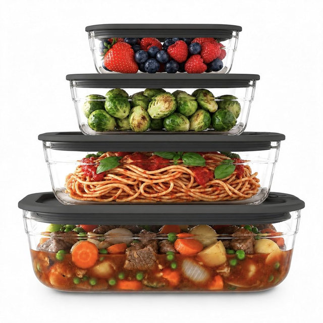 Naked Kitchen 8-Piece Food Storage Containers with Lids – Nesting Borosilicate Glass Meal Prep Containers with Leak-Proof Airtight Seal – BPA Free, Microwave, Oven, Freezer & Dishwasher Safe – Black